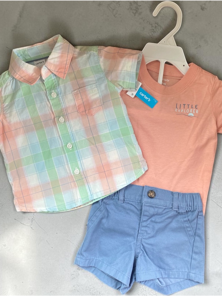 Carter's Peach Tee With Pastel Plaid Button-Down & Blue Shorts